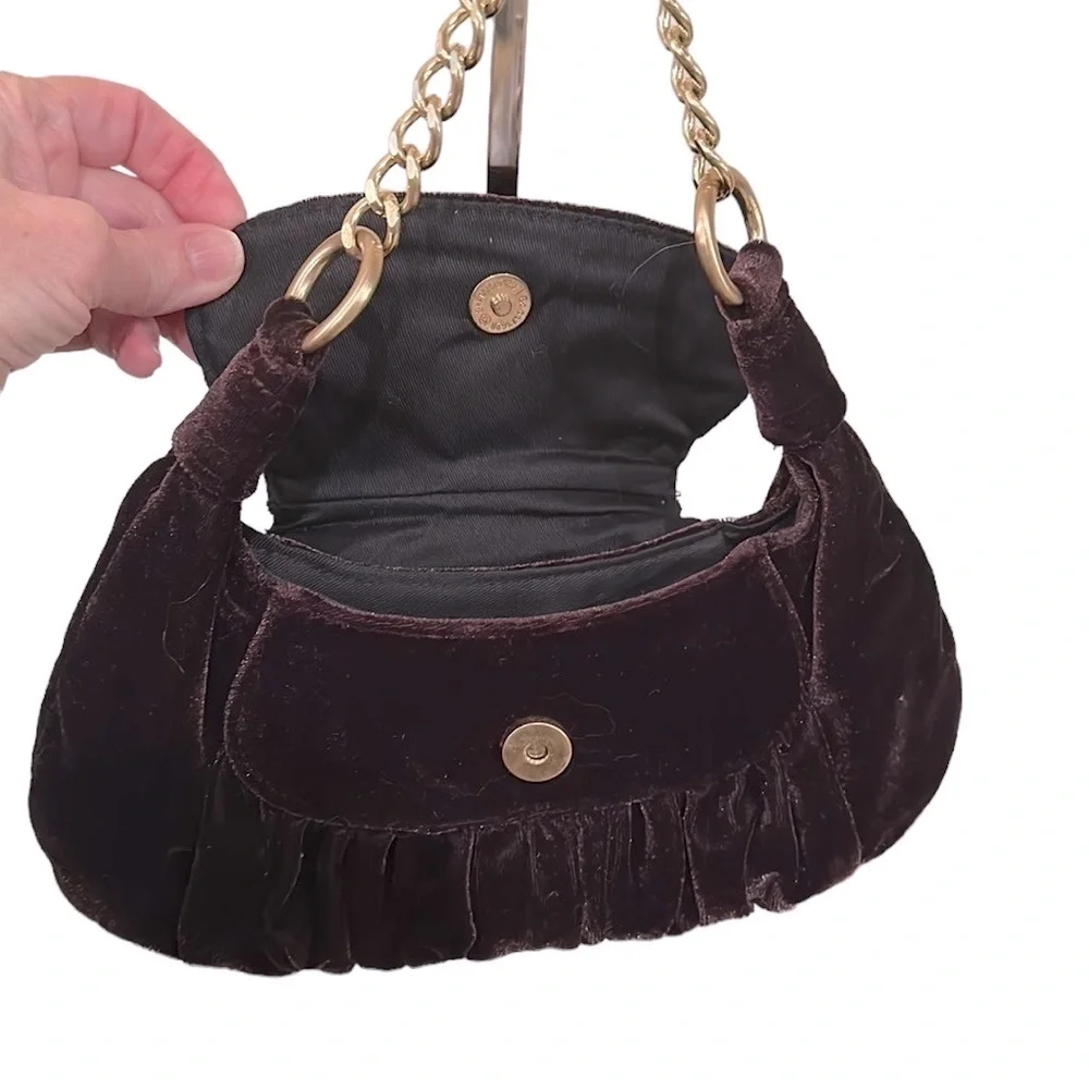Ann Taylor LOFT dark chocolate Brown velvet east west bag gold chain handle